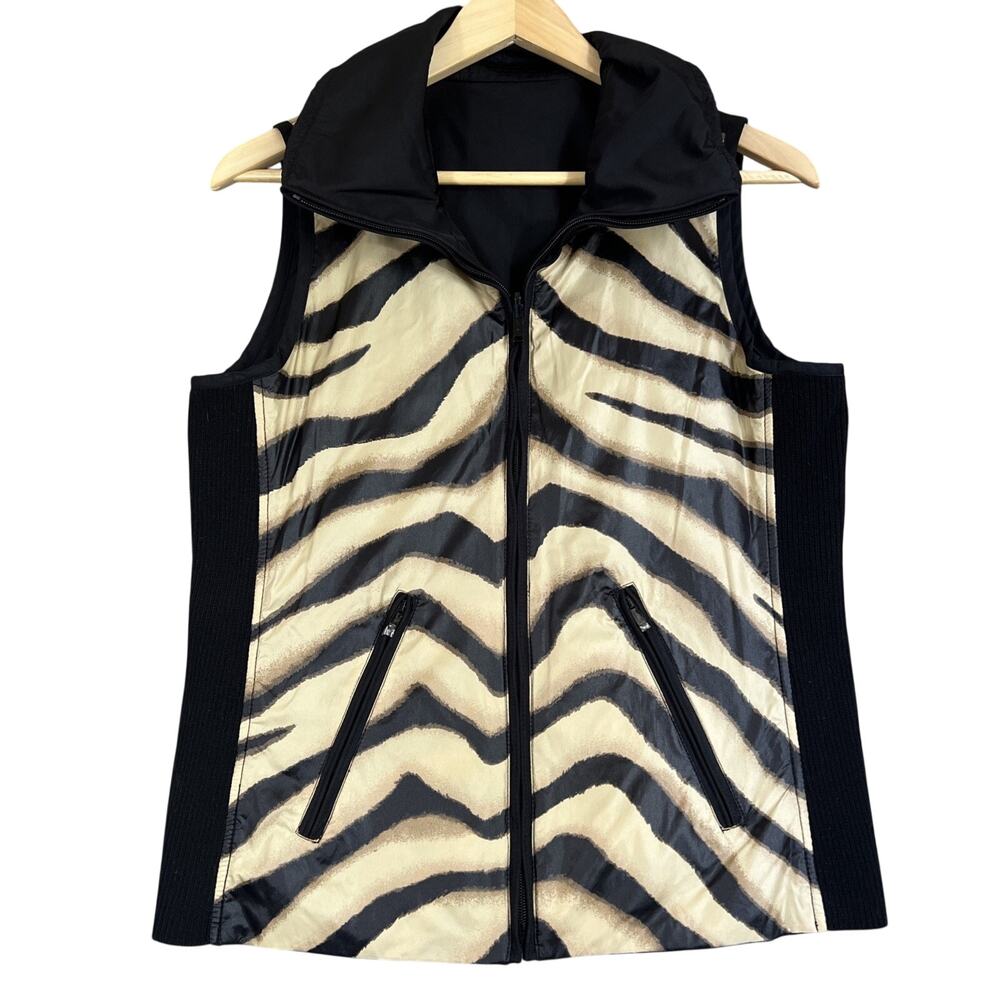 LRL Ralph Lauren Vest Small Animal Print Reversible Shell Knit Sides Zip Pockets